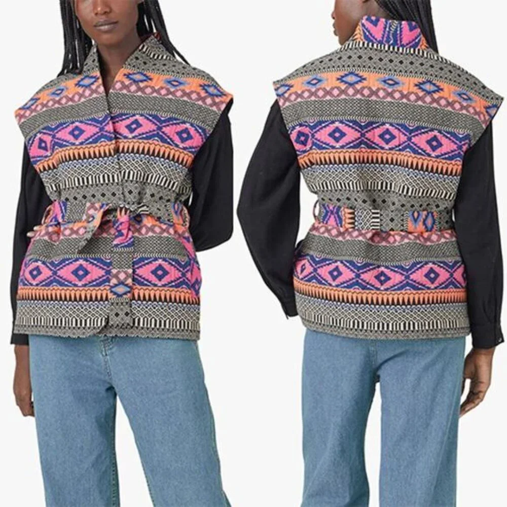 NWT Xirena Brett Quilted Lining Belted Black Multicolor Vest Size: Small - Picture 2 of 10